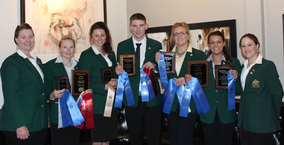 Team-members with awards after the National Western contest in Denver, from left, Demi Lollback, coach; Clara Collison, UNE, Armidale; Ella Mazoudier, Tocal Ag College; Tim Morley-Slatter, CSU Wagga; Meg Pasons, CSU Wagga; Hannah Marshall, U of Adelaide; Emma Hegarty, coach.