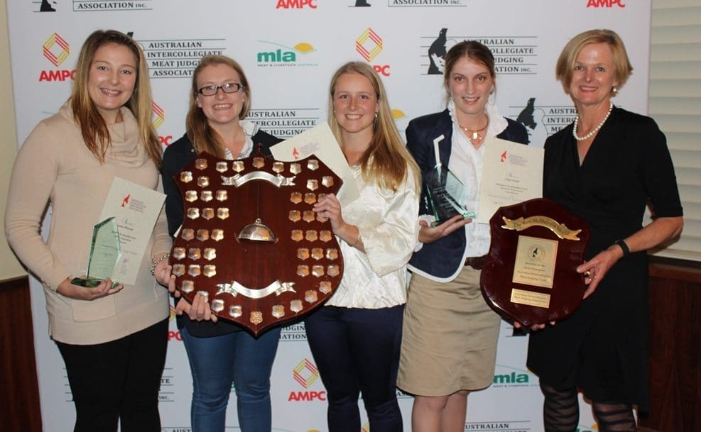 UQ Champion team members Chloe Gould, Josie Codington, Jessica Blokland and Belinda McLean are congratulated by MLA director Lucinda Corrigan