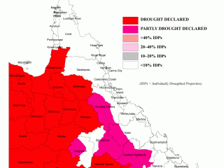 From having no official drought declarations in place in March, more than 60pc of Queensland is now drought declared. Click on map below article to view in larger format.
