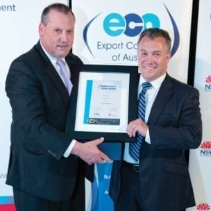 Atron';s David Larkin receives the NSW Agribusiness export award from Jason McGregor, Sydney Ports Corp.