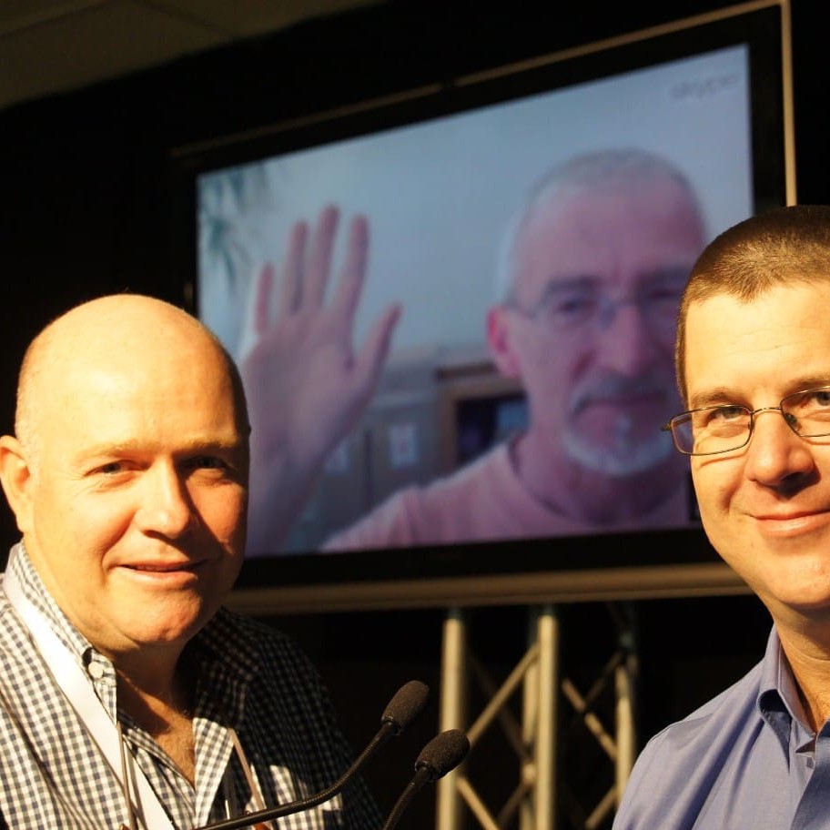 US industry analyst, Steve Kay, waving via Skype on screen at rear, pictured during a practise session for tomorrow's virtual seminar with moderator Jon Condon, from Beef Central, and Beef 2012 conference committee member, Greg Leahy.