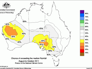 Drier than normal conditions are forecast for western and southern parts of the country from August to October, according to the latest national three month outlook. Click on images below story to view maps in larger format. 
