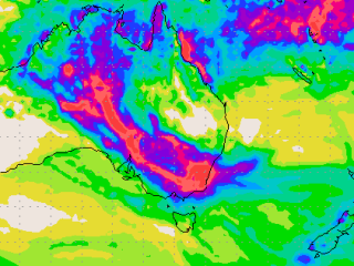Forecast rain for Australia through until March 5. Blue indicates potential falls of 60-80mm, red 125-200mm. Source: COLA