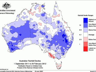 Australian rainfall deciles Sep 2011-Feb 2012. Click on image below article to view in larger format. 