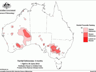 Severe three-month rainfall deficiencies have emerged in parts of WA and NSW according to the National Climate Centre. Click on thumbnail image below article to view map in larger format. 