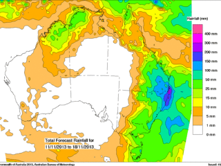 Forecast rainfall for the coming week. Click on images below to view more rainfall maps. Source: BOM