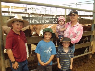 Hayden, Jacob, William, and Kirsty Luck with little baby, Lillee Cook, at Romaâ??s Store Sale in Tuesday. The Luck family sold a line of Hereford-cross heifers through Landmark Roma.