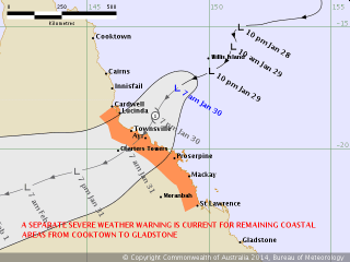 The forecast trajectory of Tropical Cyclone Dylan as at 7am today.