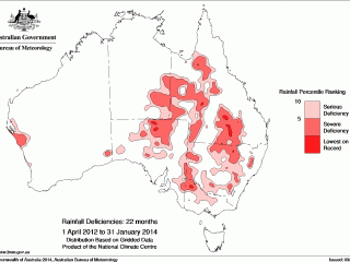 Areas that have recorded significant rainfall deficiencies for the past 22 months. Click on thumbnail image below article to view in larger format. Source: BOM
