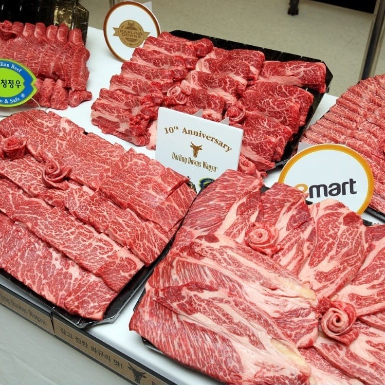 E-mart in-store display of Darling Downs Wagyu: chuck roll, short rib, oyster blade and chucktail flap, used for Korean BBQ and hotpot cooking