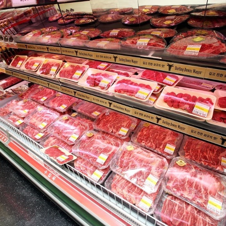 E-mart in-store chilled cabinet display of Darling Downs Wagyu featuring forequarter and hindquarter cuts and marinated meat for Korea's famous Bulgogi