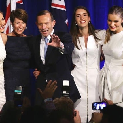 Tony Abbott and his family celebrate the Coalition win on Saturday night