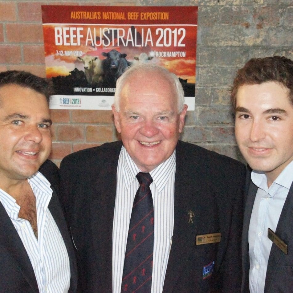 Beef 2012 chairman Geoff Murphy, centre, pictured during yesterday's Brisbane launch with sponsor Matt Becker, Novus Animal Health, and organising committee member Bryce Camm, Wonga Plains feedlot, Dalby.