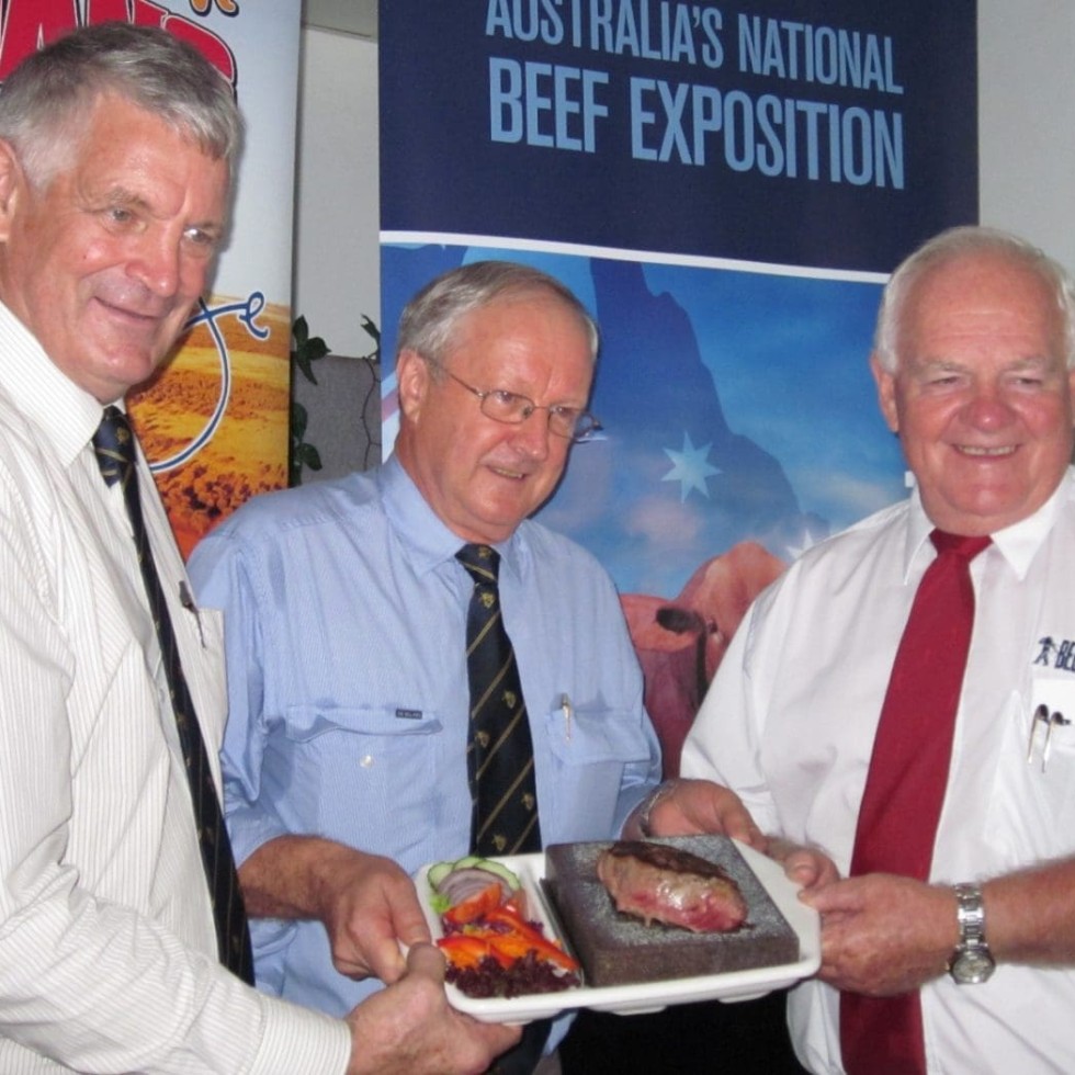 Ascot Stonegrill's Will Cordwell, Australian Brahman Breeders Association's John Croaker and Beef Australia 2012 chairman Geoff Murphy at the launch of the new promotional beef alliance ahead of Beef Australia 2012 in May