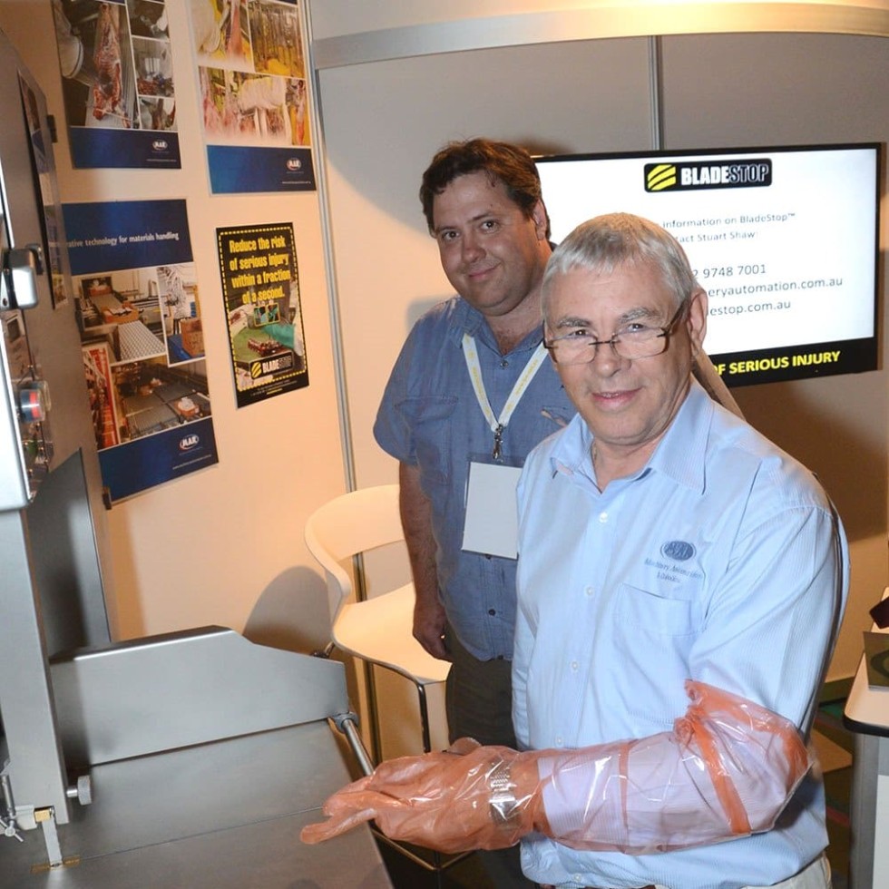 Machinery Automation and Robotics engineers Michael Lee and Malcolm McIntosh demonstrated the safety aspects of the BladeStop technology at the recent AMIC Processor Conference.