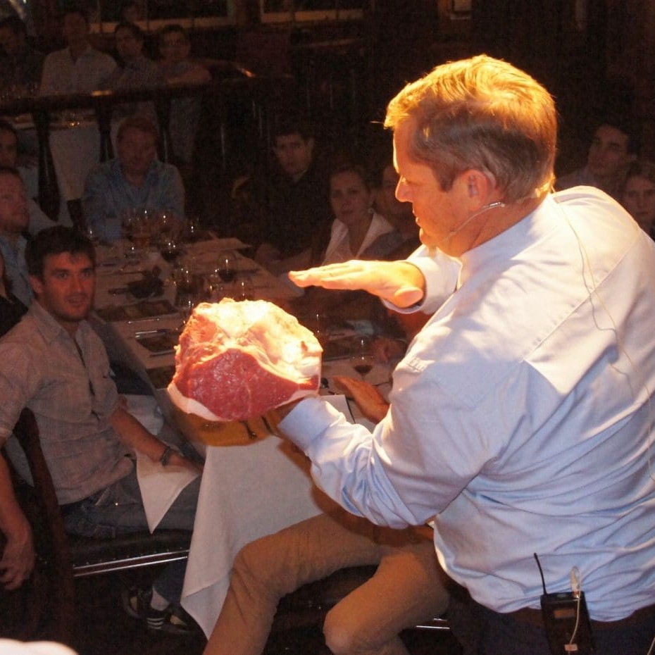 Blair Angus points out the features of a sub primal during the Nose to Tail dinner 