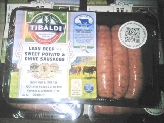 These Cape Grim/Tibaldi gourmet sausages being sold in Coles supermarkets bear the QR code sticker, top right