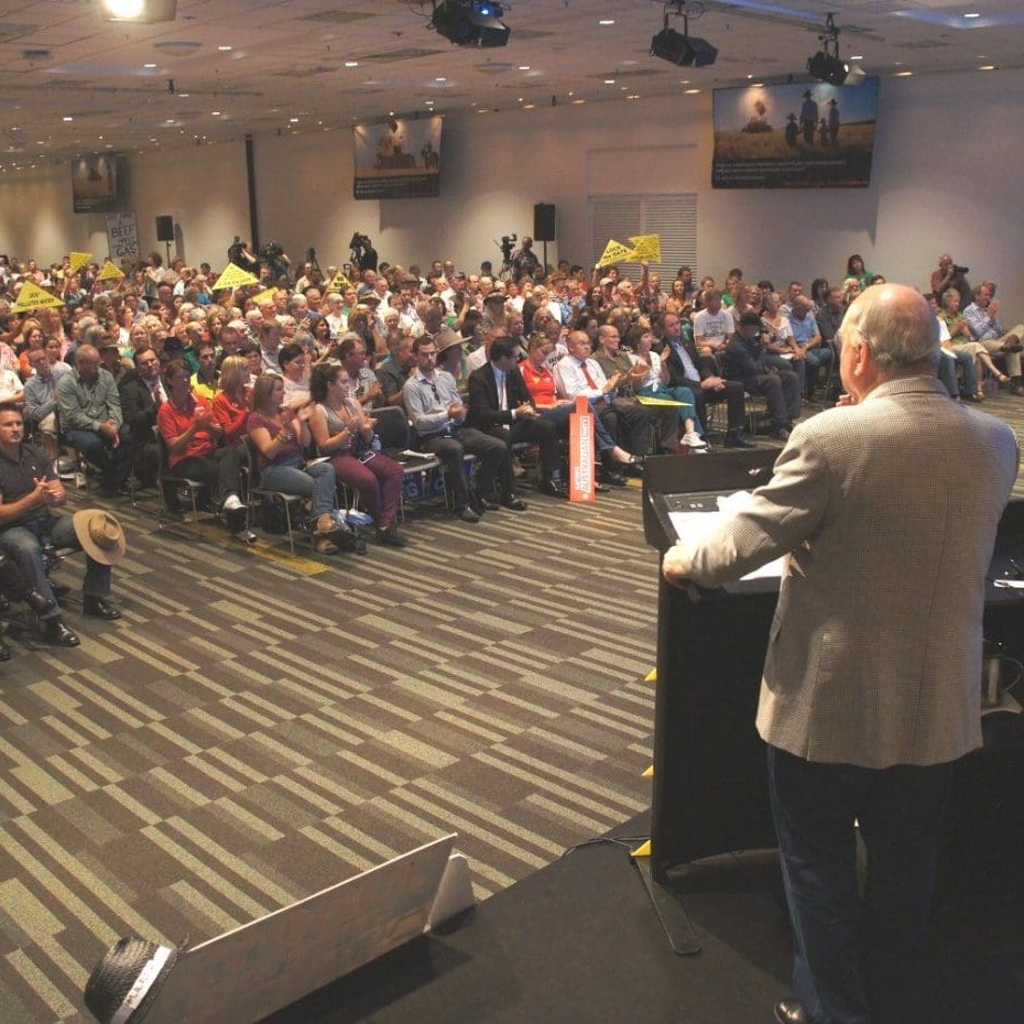 Chairman Alan Jones addresses the Brisbane CSG protest forum