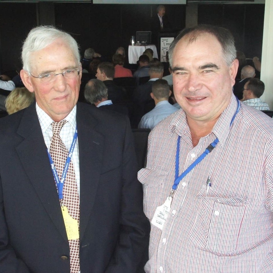 Wagyu F1 breeder Lock Rogers, from Wattletyop near Guyra, left, with Elders International's Jason Carswell, who markets many of the progeny into Japan as feeder cattle