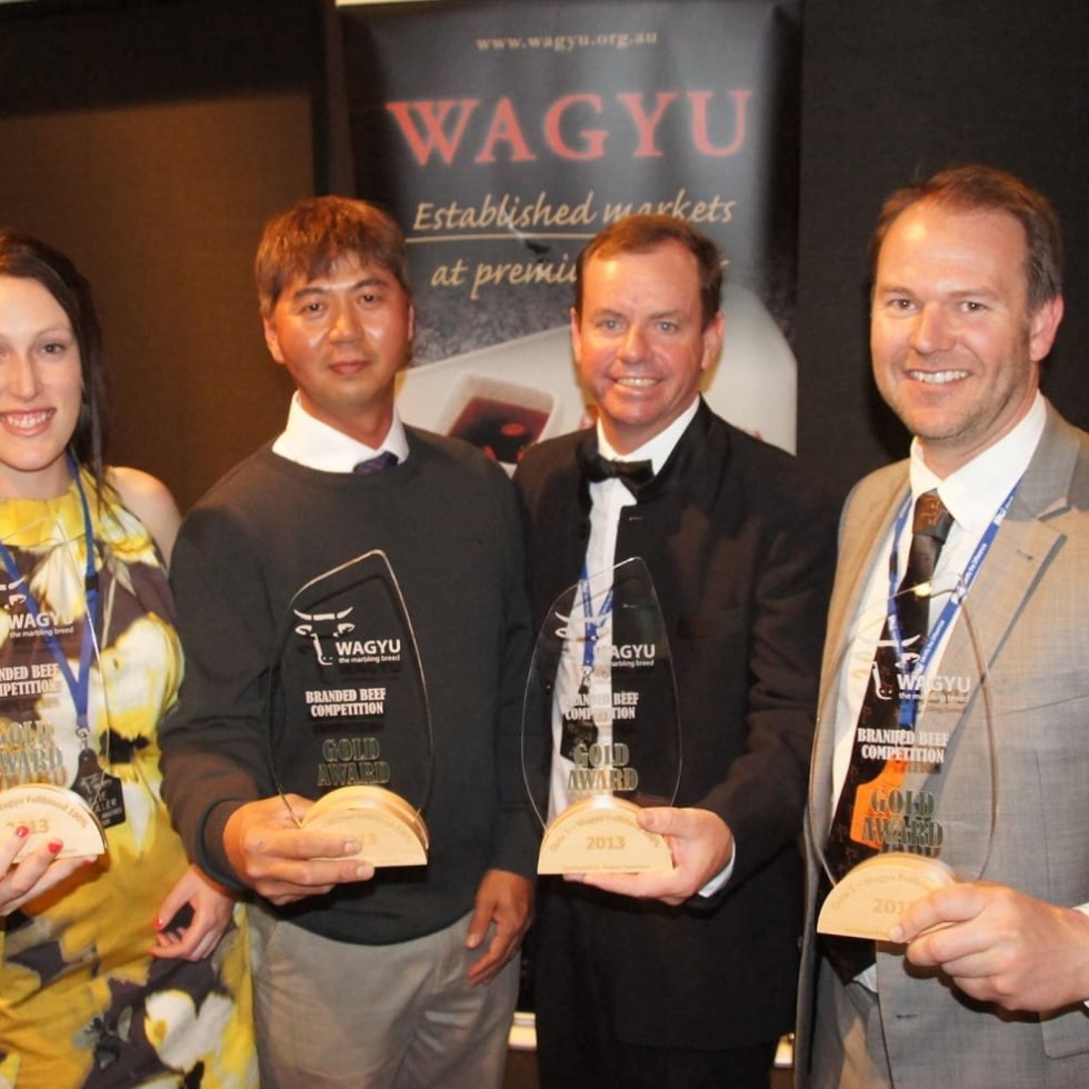 Collecting their gold medal trophies in the Fullblood division were from left, Kylie Schuller (Andrews Meat Industries), Tak Suzuki (Belltrees), Fergus Job (AA Co) and Scott de Bruin (Mayura Station). 