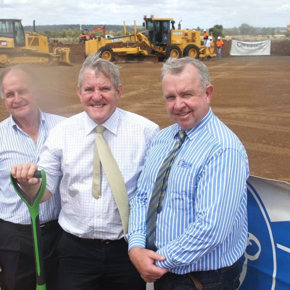 Industry Minister Ian Macfarlane turned the first sod on Friday as part of Oakey Holdings' new waste-to-energy technology project. With him are Oakey general manager Pat Gleeson, right, and CST Wastewater Solutions director, Michael Bambridge.