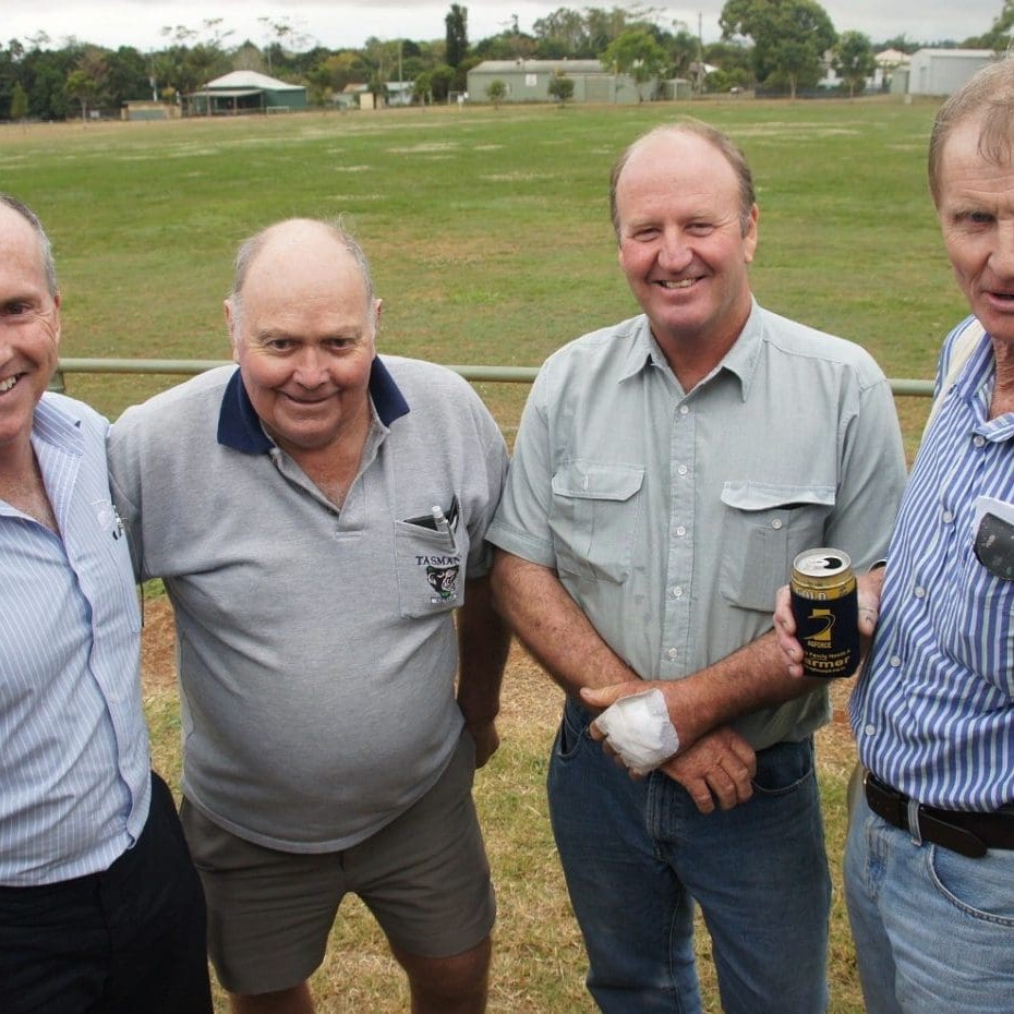 Malanda cattleman Ted Morris, and Noel Hughes from Tully, pictured during last week's brand forum with MLA's David Carew, left, and QDPI's Bernie English, right