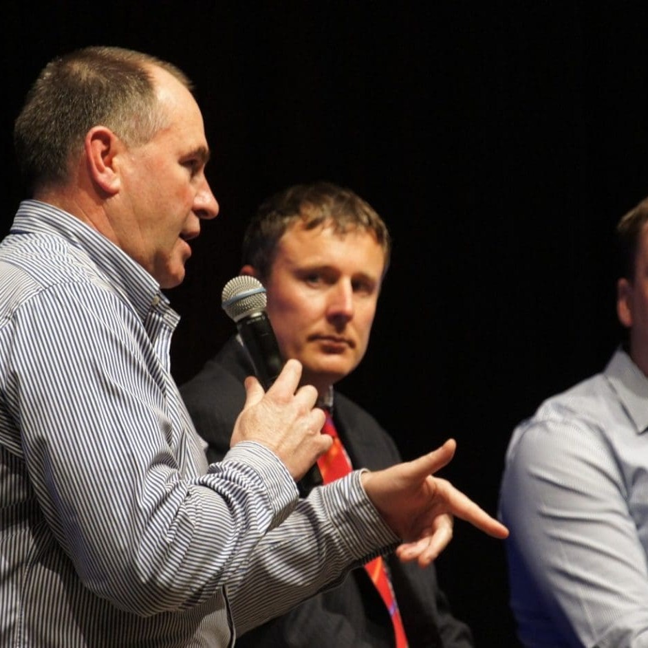 Woolworths fresh food division's Pat McEntee makes a point during yessterday's BeefEx panel discussion in MSA Star labelling, alongside ALFA's Dougal Gordon and JBS Australia's Rob Ryan.