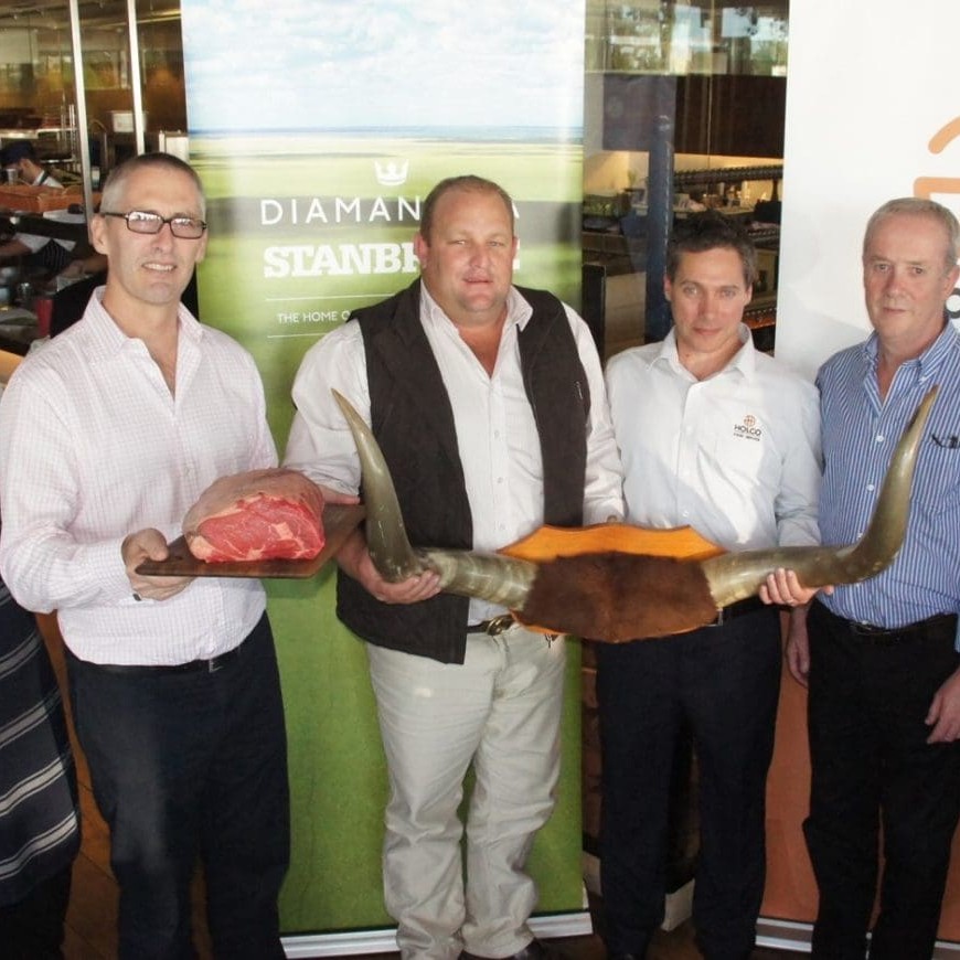 Collecting their trophy horns as the prize for winning Holco's Beef-Off brand showcase at the Regatta Hotel yesterday were Stanbroke's Alastair Ronald and plant manager Scvott Minnikin, with Boathouse executive chef Shane Keighley, and Holco's key accounts manager David Ellis, managing director Mike Rankin, and head office and cold store general manager Tiss Simeoni