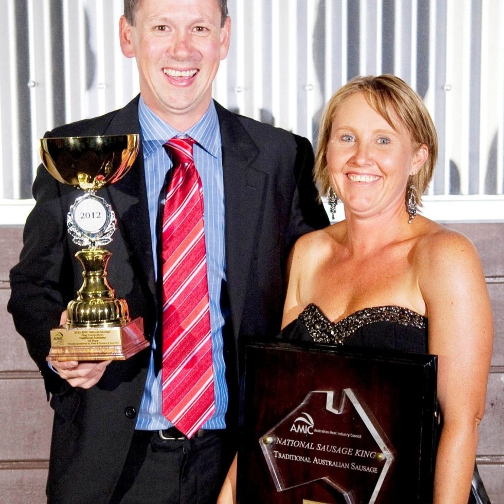 Jason and Delvene Mathie with the beef division Sausage Kings national final trophy and honour board at Saturday night's award dinner