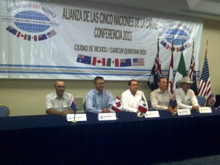 Cattle industry leaders from Australia, Canada, Mexico, New Zealand and the US at the recent Five Nations beef conference in Cancun, Mexico. CCA vice president Andrew Ogilvie is seated left.