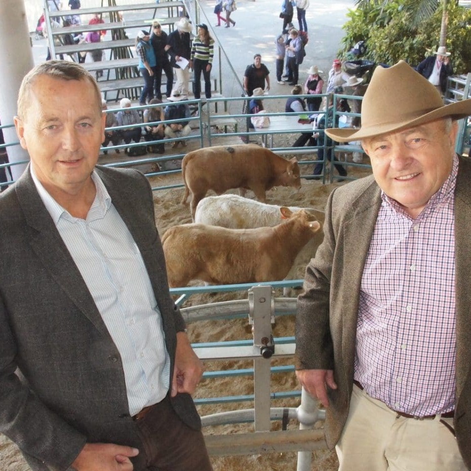 Foodbank CEO John Webster and Qld director, David Crombie, pictured above the Ekka's prime cattle selling ring during Saturday's launch of Foodbank's beef donor supply program