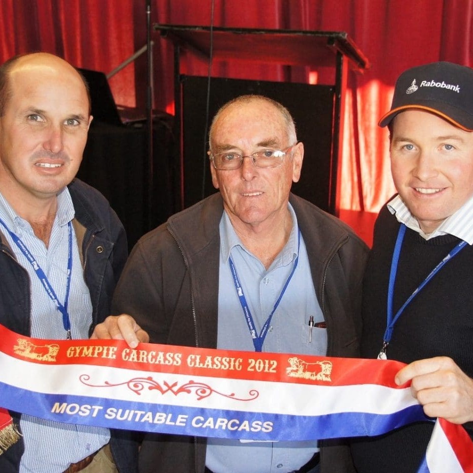 The Lockyer Valley's Barry Grainger collects his most suitable carcase trophy at this year Classic with event chairman Jim Viner and sponsor, Ben Forrest, Rabobank