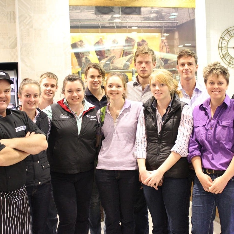 Top 10 finalists visiting the new Cabassi & Co butcher shop at Indooroopilly. Pictured from left, owner Pete Cabassi,  Liz Crerar, Frederick Broughton, Tamara Heir, Mikhalla Middleton, Laura Kemmis, Nick van den Berg, Emily Hall, Hamish Irvine, Ebony Mull and Tyaan Tuckey