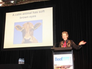 Temple Grandin addresses the 2013 BeefWorks conference at Kerwee Feedlot yesterday. 