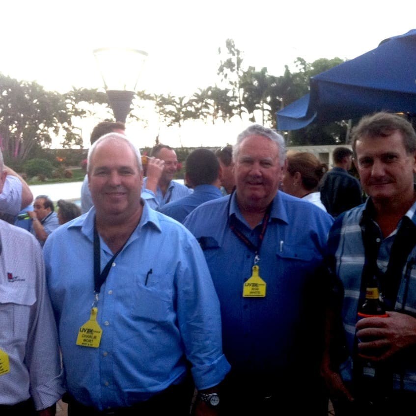 Greg Roberts, NAB Agribusiness Rockhampton; Charlie Mort, Mort & Co, Ron White, Wilangi Brahmans and Richard Slaney, PT Elders Indonesia, at the LiveXchange welcome function in Townsville last night.