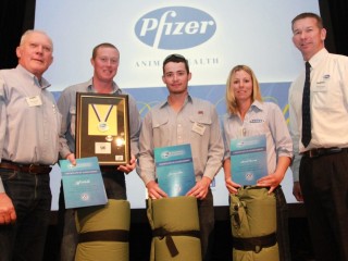 Pfizer medalist Jeff Schuller, second from left, flanked by fellow finalists Sarah Fawcett and Jeremy Sloss, Brian Johnstone from New England TAFE and Fred Schwenke, Pfizer intensive livestock division manager.