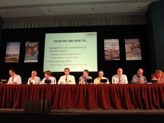 Red Meat Advisory Council representatives at Longreach last week included (from left) RMAC chief executive officer Angus Hobson; ALEC chair Peter Kane; ALEC executive director Lach MacKinnon; ALFA president Jim Cudmore; ALFA chief executive officer Dougal Gordon; CCA president Andrew Ogilvie; CCA chief executive officer David Inall; Goat Industry Council chair Glen Telford and outgoing Sheepmeat Council of Australia president Kate Joseph.