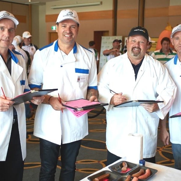Sausage Kings national finals judges, including Anthony Puharich, second from left.
