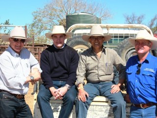 Federal member for Kennedy Bob Katter, Queensland member for Mt Isa Robbie Katter, Indonesian ambassador Nadjib Riphat Kesoema and Cattle Crisis Committee chair Barry Hughes, North Head Cattle Company, George Town. 