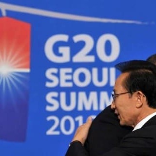 US President Barrack Obama and South Korean President Lee Myung-bak embrace during the ratification of the FTA during last year's G20 summit in Seoul. 