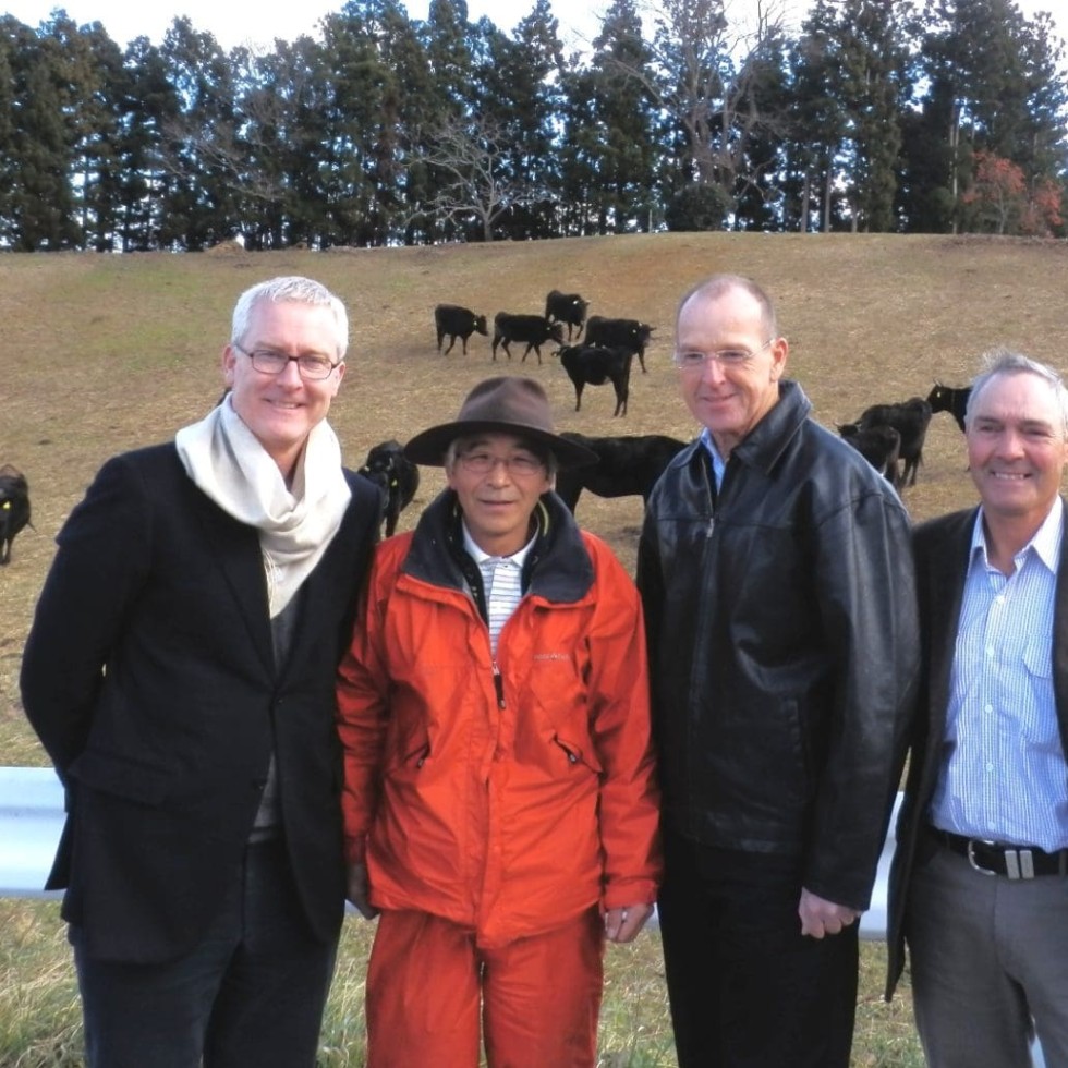 Ag minister Joe Ludwig, CCA president Andrew Ogilvie and Australian Ambassador to Japan, Bruce Miller, pictured with Japanese beef farm Ozawa San during this week's trade visit to North Asia. 