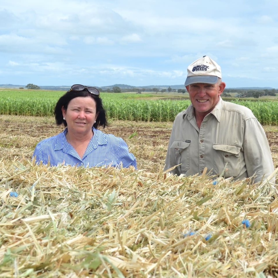 Forage business manager Maree Crawford with Wyreema grower Warren Folker, who bales forage sorghum at his property Kilowen each year