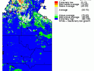 Pasture growth in the NT from June 2010-May-2011 relative to historical records from 1957. Blue denotes areas where pasture growth falls within the highest 10pc of all pasture growth measurements in the past 54 years. See latest pasture growth maps for each state in Beef Central's weather section.