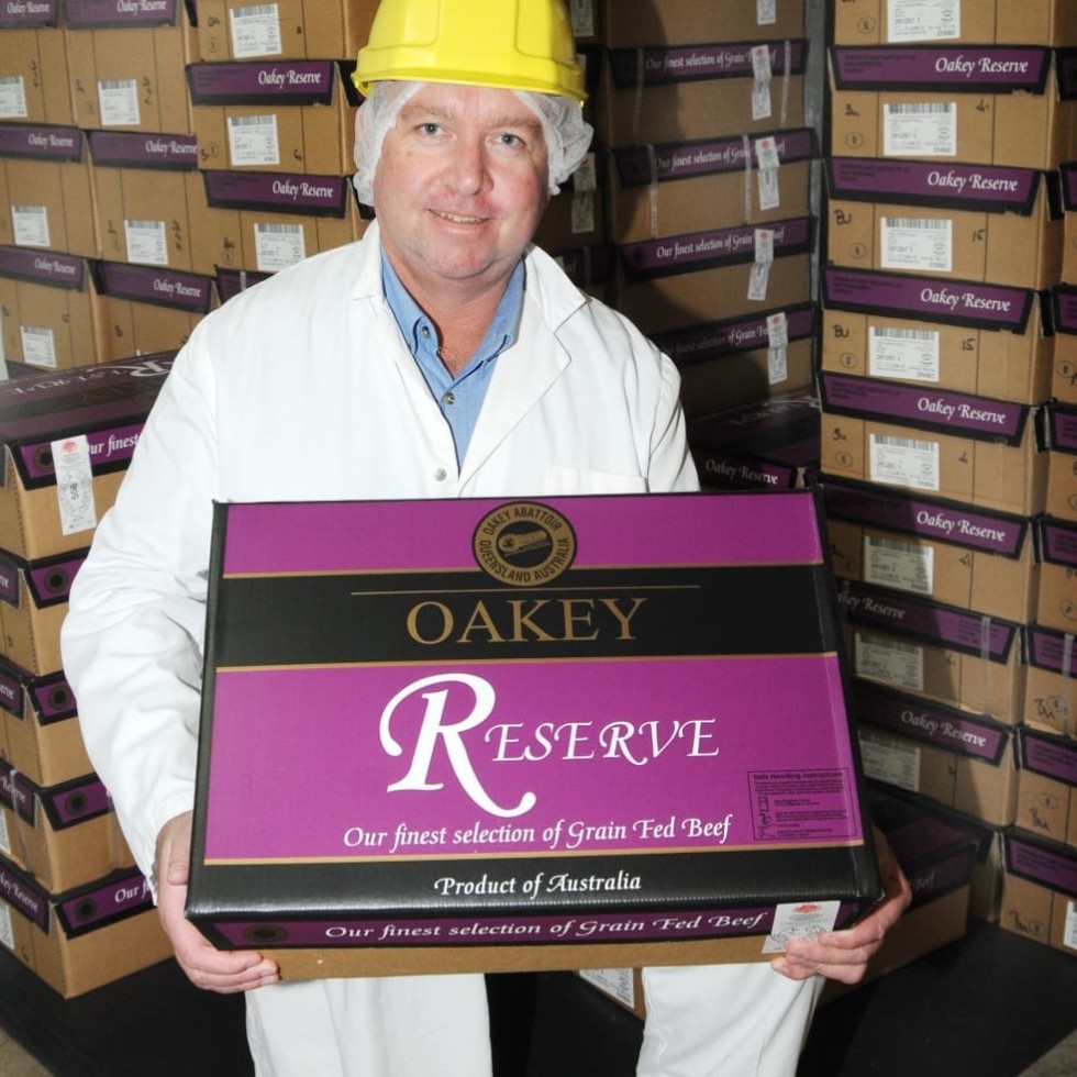 Oakey general manager Pat Gleeson with a sample of the Oakey Reserve product that claimed Sydney's champion grainfed award 