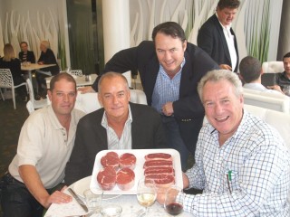Looking over a sample of OMC's product in Brisbane's Char Organic restaurant are restarateur, John Kilroy and Sanger Australia's Richard Rains, seated, with distributor Duncan South, Bidvest, left, and OMC director, Alister Ferguson