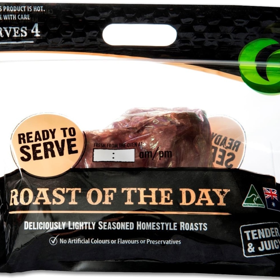 The grab-and-go pre-cooked roast as it was seen during a Woolworths trial in 20 stores last year. The 'ovenable' nylon-based cook-in bag can be seen inside the carry-home pack.  