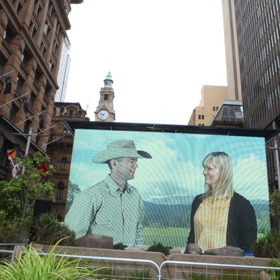 The giant screen in Sydney's Martin Place used as part of the Target 100 'Virtual Farm' experience