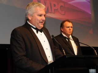 Terry Nolan, director, and Ian Peace, Standards coordinator, accept the AMIC Processing Innovation award on behalf of Nolan Meats near Gympie