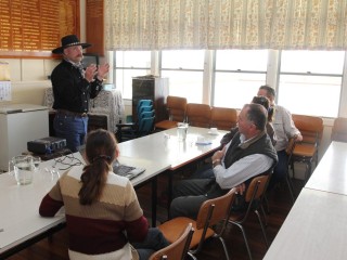 Trent Loos addresses farmers at the Durong agvocacy day last Friday.