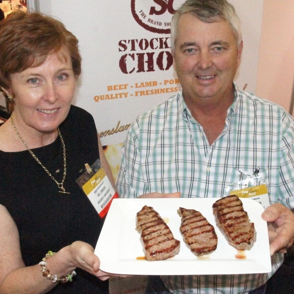 Warren Jonsson and wife Gail sample MSA-graded beef at yesterday's Queensland Fine Food trade exhibition